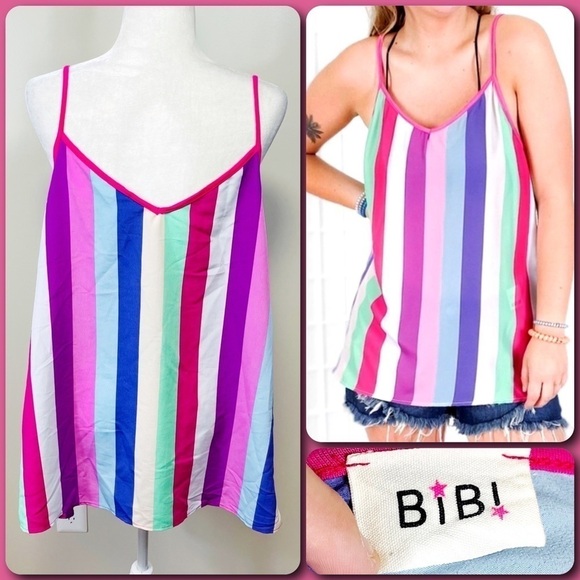 BiBi Bright Colorful Striped Spaghetti Strap Tank Top - XL - Picture 1 of 8